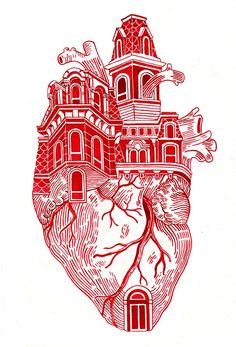 a drawing of a heart with buildings on it