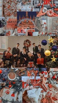 the collage shows many different pictures of people in christmas outfits and decorations, including presents