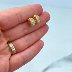 18k Gold Filled Petite C Shape Huggie Earrings featuring Clear Micro Cubic Zirconia, Classic Earrings.- Earrings Size:Length: 11mm | Width: 5mm | Thickness: 4mm Gold Sparkling Huggie Earrings For Gift, Classic Earrings, Anklet Bracelet, Huggie Earrings, Chain Choker, Gold Set, Huggies Earrings, Jewelry Supplies, Anklets