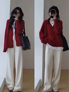 Red Jacket Outfit Casual, Korean Red Outfit, Korean Casual Outfits Winter, Red Outfit Ideas Casual, Cute Winter Outfits Korean, Red Outfit Korean, فنسنت فان جوخ, Korean Fashion Pants, Outfits Stylish