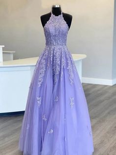 Halter Neck Long Purple Lace Prom Dresses, Purple Lace Formal Graduation Evening Dresses Prom Dresses Pastel Colors, Purple Graduation Dress, Purple Grad Dresses, Open Back Dress Formal, Vestido Color Lila, Prom Dresses Purple, Lavender Prom, Purple Evening Dress, Lace Prom Dresses