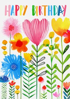 a happy birthday card with colorful flowers and dragonflies on the front, in watercolor