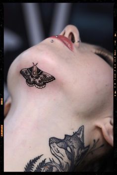 Moth Tattoo Inspiration - Butterfly Tattoo Inspiration Dark Pretty Tattoo, Back Tattoo Women Big Piece, Color Outside The Lines Tattoo, Moth Back Of Neck Tattoo, Moth Neck Tattoos Women, Simple Dotwork Tattoo, Moth Tatoos Ideas, Colored Moth Tattoo, Under Jawline Tattoo