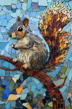 a mosaic painting of a squirrel on a tree branch