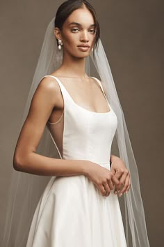 a woman wearing a white wedding dress and veil