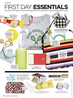 an advertisement for the first day essentials with items on it, including a t - shirt and handbag