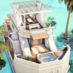 an aerial view of a house with a hot tub on the deck and palm trees in the background