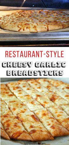 a pizza sitting on top of a metal pan covered in cheese and toppings with the words restaurant - style cheesy garlic breadsticks