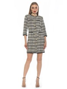 Indulge in sophistication with our Kara tweed dress. This mini dress features a crewneck and three quarter sleeves, accented with elegant pearl buttons. The button down design is elevated by contrast piping, adding a touch of luxury to this timeless tweed dress. Daytime Dresses, Contrast Piping, Tweed Dress, Jewel Neck, Pearl Buttons, Three Quarter Sleeves, Quarter Sleeve, Sheath Dress, Three Quarter