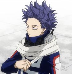 an anime character with purple hair and blue eyes looking at something in the distance while wearing a scarf around his neck