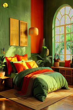 a bedroom with green walls and orange bedding, potted plants on the floor