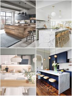 four different kitchen designs with white and blue accents in the same color scheme, including marble countertops