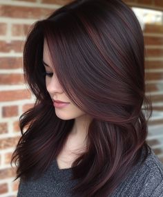 Dark Almond Hair with Cherry Highlights Dark Hair Shades, Cherry Highlights, Dark Cherry Hair Color, Chocolate Cherry Hair Color, Dark Cherry Hair, Hair Colors For Dark Hair, Red Highlights In Brown Hair, Brunette Shades, Black Cherry Hair