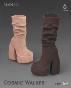 two different colored high heeled boots with the same color and size as shown in this image