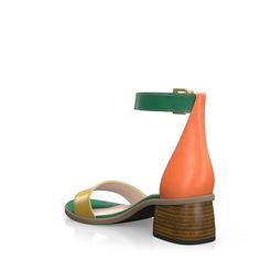 Green Leather Heels With Single Toe Strap, Green Leather Sandals With Leather Sole, Orange Low Heel Strap Heels, Orange Low Heel Shoes With Strap, Orange Low Heel Heels With Heel Strap, Orange Low Heel Shoes With Heel Strap, Orange Heels With Heel Strap And Ankle Strap, Multicolor Ankle Strap Leather Heels, Multicolor Leather Heels With Ankle Strap