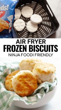 air fryer frozen biscuits in a white bowl