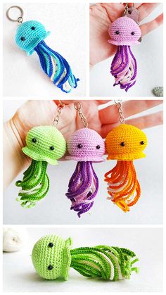 crocheted keychains with different colors and designs are shown in the process of being made