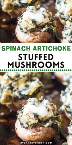 Mushroom appetizer stuffed with spinach and artichoke with cheese with Pinterest overlay. Spinach Artichoke Stuffed Mushrooms, Artichoke Stuffed Mushrooms, Artichoke Stuffed, Mushroom Side Dishes, Cream Cheese Spinach, Mushroom Appetizers, Cheese Stuffed Mushrooms, Stuffed Mushroom, Artichoke Recipes