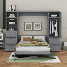 a bed sitting in a bedroom next to a book shelf