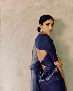 Tilfi's collection 'The Way of Flowers' is a woven expression of the parallels between the refined crafts of Jamdani and Ikebana.  Featured: The 'Aki' and The 'Mori' saree handwoven in ethereal cotton in Navy Blue and Blue-Grey.   #Tilfi #TilfiSarees #TheWayofFlowers #TilfiCampaign Indowestern Dress, Jewellery Shoot, Navy Blue Saree, Designer Dresses Elegant, Lace Blouse Design, Saree Wearing Styles, Navratri Dress, Saree Wearing, Fashionable Saree Blouse Designs