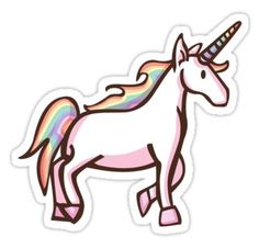 a unicorn sticker with a rainbow horn on it's head and tail, standing in front of a white background