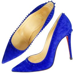 Lovely Christian Louboutin Veau Velours Anjalina 100mm Pumps In Metal Blue Which Is Lovely Royal Blue Color. 100% Authentic. These Stylish Pumps Are Structured Of Blue Suede Leather With Short Ruthenium Spikes. These Feature 10cm Wrapped Stiletto, Pointed Toe And Signature Red Lacquered Sole. These Are Excellent Heels With The Iconic Look You Find Only From Christian Louboutin! Size: 37 Excellent Preloved Condition. Minimal Scuffing On Inside Of Right Shoe. Minimal Scuffs On Leather Soles. See P Luxury Blue Heels For Galas, Christian Louboutin Iriza, Christian Louboutin Pigalle Follies, Christian Louboutin Kate, Black Patent Pumps, Christian Louboutin Pigalle, Christian Louboutin So Kate, Louboutin Heels, Christian Louboutin Heels