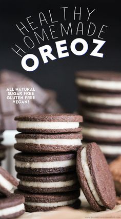 cookies and oreos are stacked on top of each other with the words healthy homemade oreo