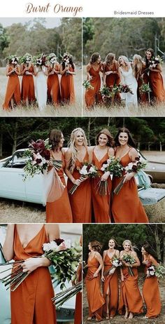 the bridesmaids in orange dresses are posing for pictures with their wedding car and bouquets