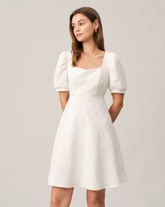 Free shipping on orders over $69. Shop the argyle embossed mini dress - white - xs,s,m,l at RIHOAS. Graduation Dress University, Modest White Dress, White Puff Sleeve Dress, Confirmation Dresses, White Dresses Graduation, Tailored Clothes, Puff Sleeve Mini Dress, Mini Dress White, High Waist Dress