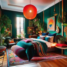 a bedroom with green walls and colorful bedding Cool Colors For Bedroom Walls, Vibrant Maximalist Bedroom, Colorful Boho Bedroom Jewel Tones, Bedroom Design Maximalist, Boho Bedroom Jewel Tone, Bold Color Living Room, Mexican Gothic Home Decor, Teal Room Ideas Bedrooms, Vibrant Boho Bedroom