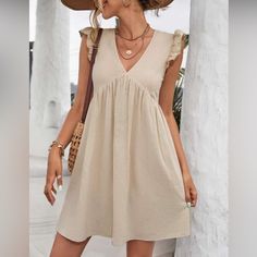 New- Light Weight Dress For Day Out Shopping Or Lunch With The Girls. Khaki Shein Dress Summer Dress With Ruffle Sleeves For Daywear, Beige Flutter Sleeve Summer Dress, Beige Flutter Sleeve Dress For Summer, Casual Beige Ruffled Sundress, Casual Beige Sundress With Ruffles, Beige Ruffled Casual Sundress, Casual Mini Dress With Flutter Sleeves For Beach, Beige Flutter Sleeve Beach Dress, Beige Flutter Sleeve Dress For Beach