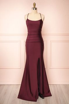 Sonia Burgundy Backless Mermaid Maxi Dress w/ Slit | Boutique 1861 front view Revealing Long Dress, Wine Colour Prom Dress, Burgendy Formal Dress, Satin Dress Burgundy, Burgundy Corset Prom Dress, Open Back Grad Dresses, Prom Dresses Maroon Burgundy, Elegant Vintage Dresses Formal, Simple Gala Dresses