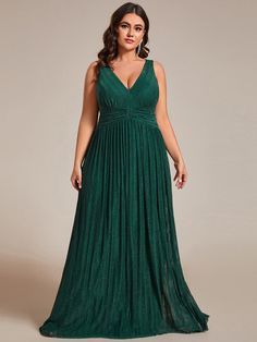 Plus Size Sleeveless V-Neck Pleated A-Line Formal Evening Dress #color_Dark Green Green Flowy Prom Dress, Plus Size Evening Gown, Sparkle Shorts, Goddess Gown, A Line Evening Dress, Formal Evening Dress, Evening Dresses Plus Size, Ever Pretty, Flowing Skirt