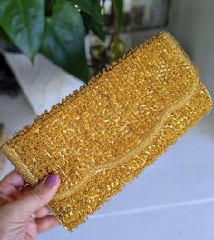 Gorgeous 50's or 60's gold sequin and beaded letter clutch. All hand made with gorgeous gold tone silk or satin lining. Scalloped edged flap with a snap button closure. Made in Hong Kong. Rebecca Brown, Silk Dress Vintage, Silver Clutch, Gold Clutch, Black Clutch, Silk Slip Dress, Silk Slip, One Bag, Gold Sequin