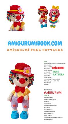 an advertisement for the amigurum book, featuring clowns and other crocheted toys