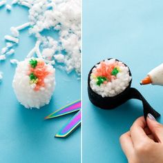 two pictures side by side, one with rice and the other with carrots on it