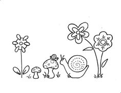 a black and white drawing of a snail in the grass next to flowers with an insect on it