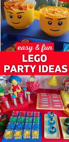 Lego party ideas Lego Space Birthday Party, Easy Lego Party Decorations, Lego Themed Decorations, Lego Party Table Decor, Lego Dessert Table, Outdoor Lego Party, Lego Birthday Snacks, Lego Snacks Ideas, Lego Land Birthday Party