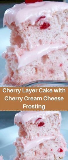 there is a piece of cherry layer cake with cream cheese frosting