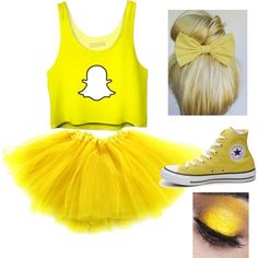 a yellow outfit with white shoes and a pair of converse high tops is featured in this image