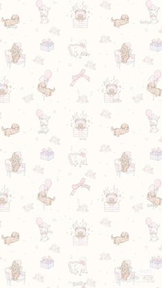 a white wallpaper with teddy bears and balloons on it's back ground,