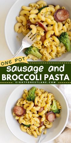 one pot sausage and broccoli pasta in a white bowl with a fork on the side