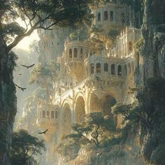 a painting of a castle in the middle of a forest with birds flying around it