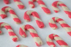 red and white candy canes on a baking sheet