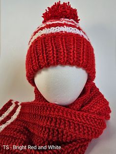 "Beautiful one of a kind hand-knitted toque for children. It is perfect for keeping your child warm and stylish. It comes in a variety of patterns and colors, and is perfect for wearing when out and about. The fabric is light and stretchy so that it can fit most children's head size. - Made from 100% acrylic - Topped with a pom pom -  Stretchy, soft and cozy - Matching scarf - Toque size, unstretched: 13\" to 17\"  Cleaning instructions: Hand wash in lukewarm water with mild soap. Lay flat to dry. **Disclaimer** - Please note the color may differ slightly based on individual monitor settings. - The toque will fit most children' head size, but the exact fit will differ from one child to another, depending on head shape, size and amount of hair." Handmade Hat Knitting Pattern For Winter, Playful Crochet Beanie For Winter, Hand Knitted Winter Yarn Patterns, Winter Knitting Patterns With Yarn, Winter Knitting Patterns With Acrylic Yarn, Handmade Playful Winter Beanie, Winter Beanie Patterns, One Size Fits Most, Playful Handmade Winter Beanie, Handmade Knit Winter Patterns