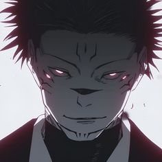 an anime character with red eyes and spikes on his head, staring at the camera