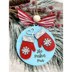 a christmas ornament with two mittens hanging from it's side on a pine tree