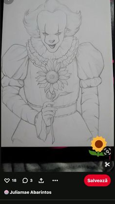 a drawing of a clown holding a flower