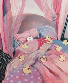 there are many rubber ducks on the bed sheet and pillowcases in this painting