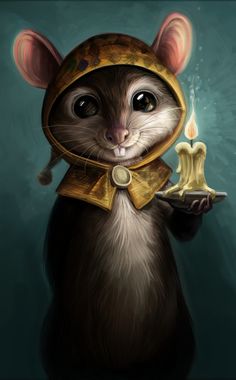 a rat with a hood on holding a candle in its hand and wearing a costume